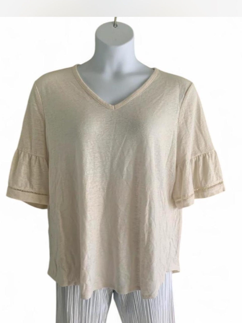 Jones New York Cream V-Neck Flutter Sleeve Blouse size XL